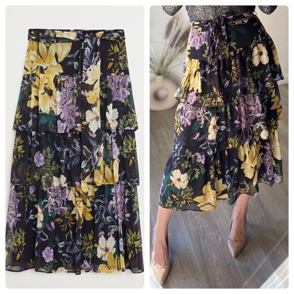 Mango Floral Print Layered Skirt Belted Frills - Picture 1 of 6